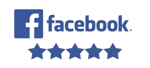 Blue Facebook logo with 5 blue stars underneath